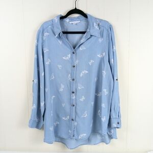 Jane Delancey Butterfly Chambray Shirt Top 1X Long Roll Tab Sleeves Button Up